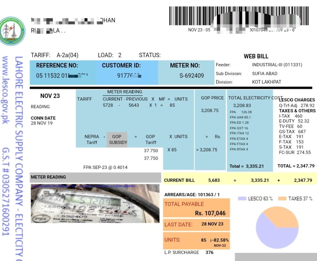 Electricity bill tariff A-2a
